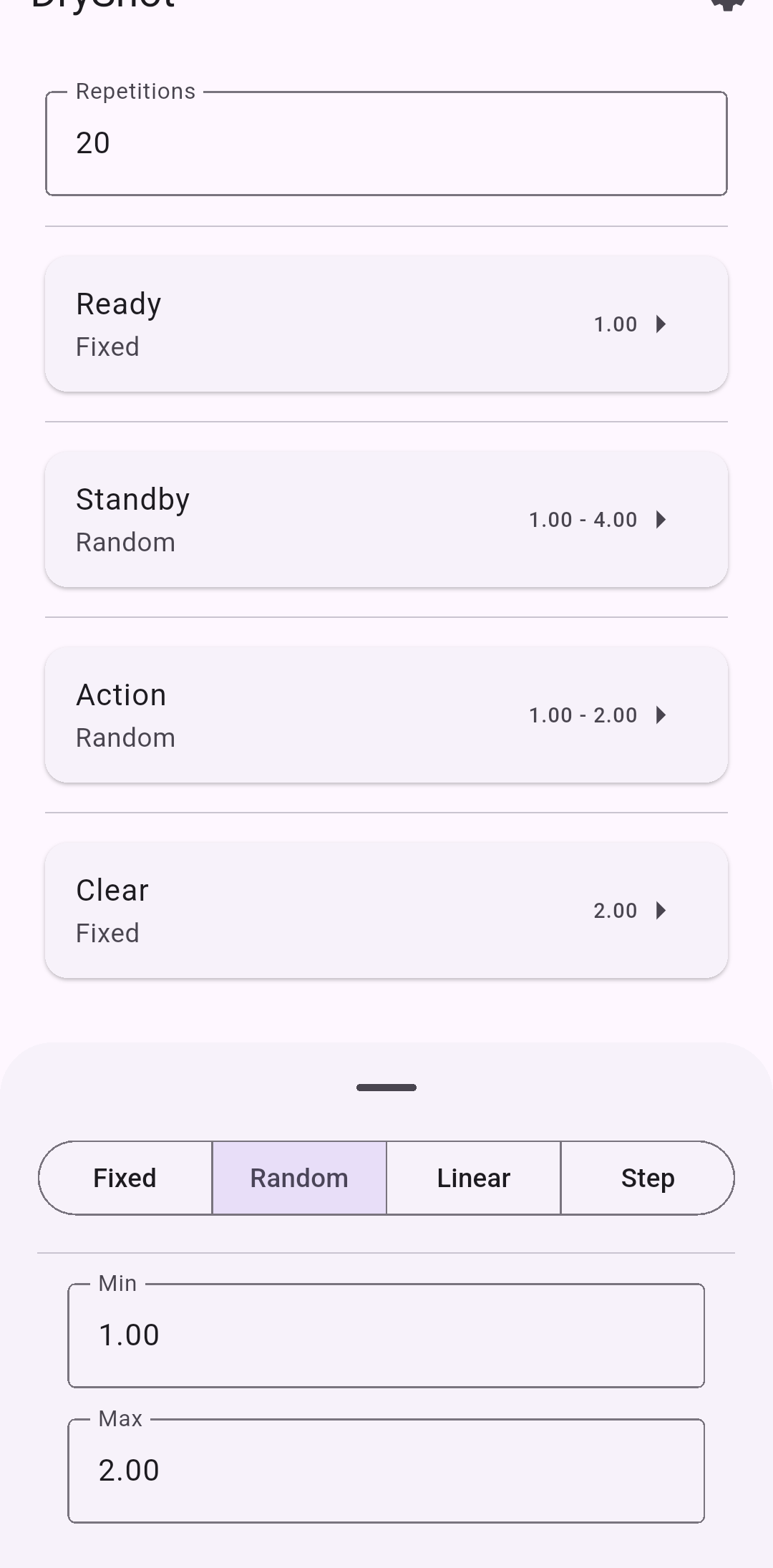 DryShot par timer configuration screen